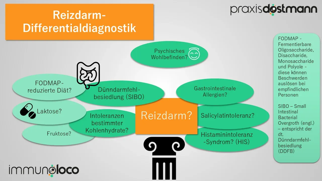 Bei der Differentialdiagnostik vom Reizdarm-Syndrom sollten immer Intoleranzen (Fruktose, Laktose, Histamin, Salicylate), FODMAPs, MCAS, und SIBO mitberücksichtig werden.